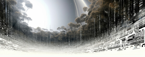 Wall Mural - an abstract display of white binary code particles forming a panoramic digital landscape, representi