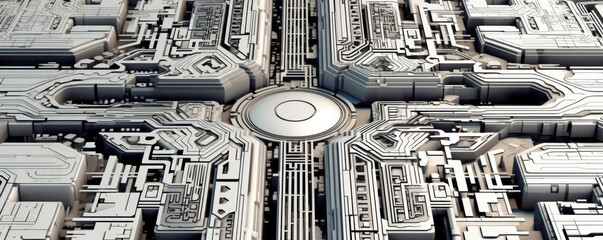 Wall Mural - panoramic view of white abstract circuitry patterns resembling a labyrinth, symbolizing the complexi