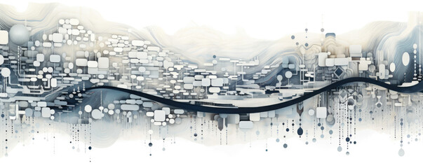 Wall Mural - panoramic view of white circuitry patterns flowing like rivers, illustrating the constant innovation