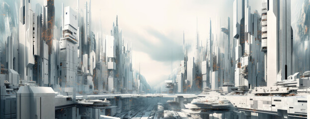 Wall Mural - an abstract display of white futuristic cityscapes in a panoramic view, showcasing the integration o