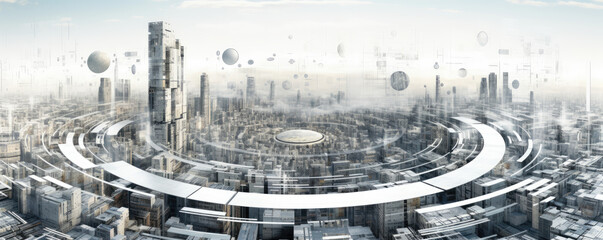 Wall Mural - panoramic view of white abstract circuitry patterns against a backdrop of futuristic cityscapes, sho