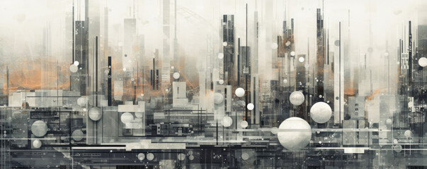 Wall Mural - panoramic view of white abstract circuitry patterns against a backdrop of futuristic cityscapes, sho