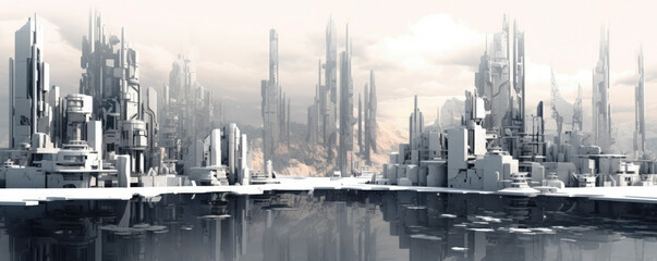 Wall Mural - an abstract display of white futuristic cityscapes in a panoramic view, showcasing the integration o