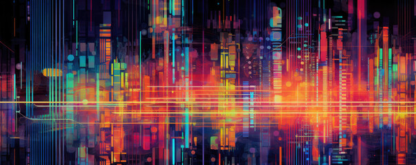 Wall Mural - a panoramic view of minimalist circuitry patterns against a backdrop of vibrant, electric colors