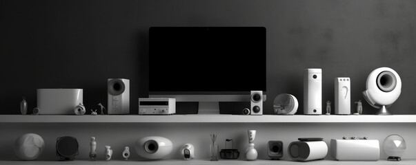 Wall Mural - simplicity meets technology in a minimalist panorama of sleek, monochromatic devices and interfaces