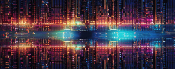 Wall Mural - an abstract panoramic view of minimalist circuitry patterns against a backdrop of deep, cosmic hues