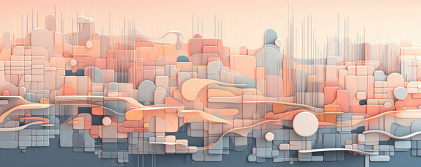 Wall Mural - a serene panoramic view of minimalistic circuitry patterns against a backdrop of soft pastel hues