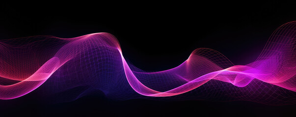 Wall Mural - panoramic view of a stylized digital wave, depicted in radiant, neon orchid tones against a deep bla