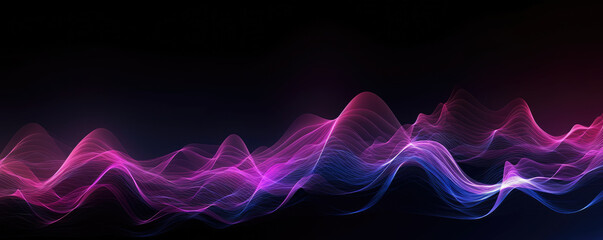 Wall Mural - panoramic view of a stylized digital wave, depicted in radiant, neon violet tones against a deep bla