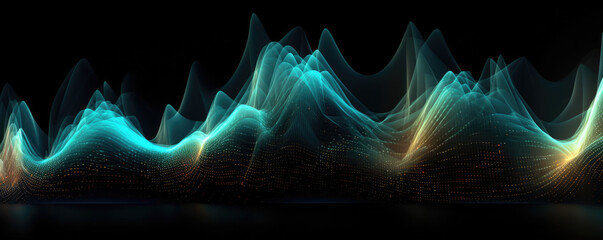 Wall Mural - panoramic view of a stylized digital wave, depicted in radiant, neon turquoise tones against a pitch