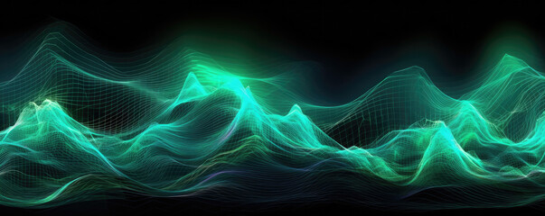 Wall Mural - panoramic image of a digital wave pattern represented in bright, electric emerald hues