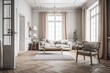 © Lasvu - White and faded tones dominate this vintage wooden living room. Parquet flooring, decorations, and a mock up of a wall design of a farmhouse interior. Generative AI