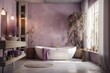 © Lasvu - Walls made of plaster sculpted from concrete and lilac in a contemporary, opulent bathroom with a bathtub, a lamp, and decorations. background with copy space that is cozy. Spa hotel relaxation, inter