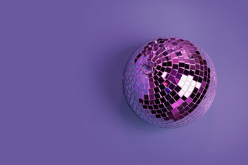 Sticker - Shiny disco ball on violet background, top view. Space for text