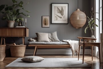 Poster - With a wooden seat, a grey sofa, pillows, palid, a mock up picture frame, macrame, a plant, books, a carpet, decorations, and tasteful personal accessories, the Scandinavian interior design has an ope