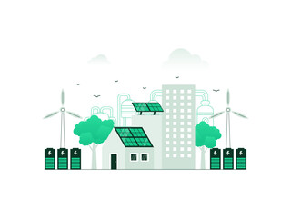 Wall Mural - Distributed energy generation concept. Sustainable power from solar panels and wind turbines, stored in central battery for electricity distribution. Vector illustration with minimalist color.