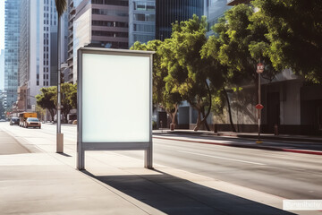 Generative AI Vertical advertising poster mockup at empty bus stop shelter by main road. Out-of-home OOH 6 sheet billboard media display space in city