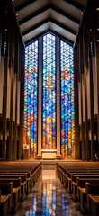 Aufkleber - Generative AI Church Pews in Reflected Stained Glass Lighting