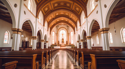Aufkleber - Generative AI Rows of church benches at the old european catholic church.