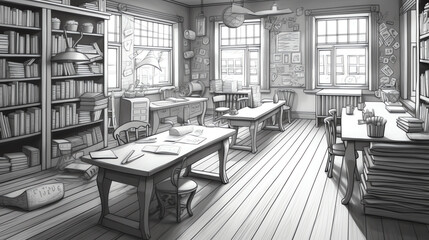 Aufkleber - Generative AI Classroom graphic black white school interior sketch illustration vector