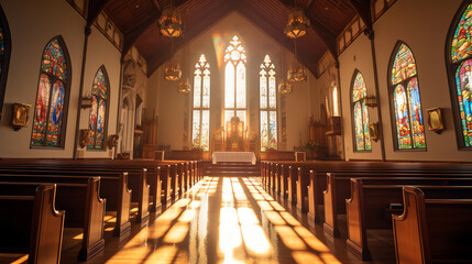 Aufkleber - Generative AI Empty pews with soft sunlight in a catholic church.