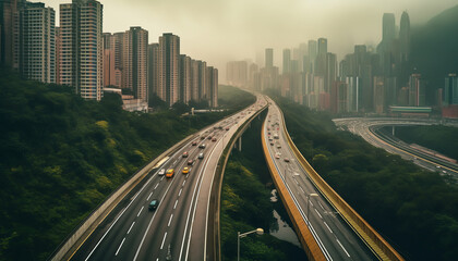 Poster - Generative AI Asphalt road and bridge with modern city skyline in Ningbo, Zhejiang Province, China.