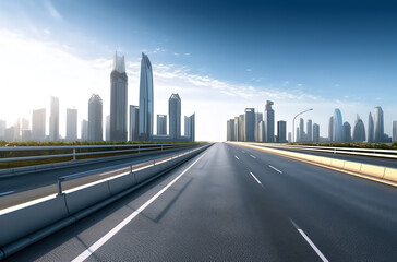 Fototapete - Generative AI Asphalt road and modern city skyline with buildings scenery at sunset
