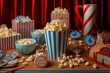 Generative AI Smartphone With White Screen, Cinema Chairs, Popcorn And Cola On Blue Background. Online Cinema, Movie From Home Concept. 3d Rendering