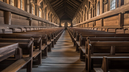 Aufkleber - Generative AI Rows of church benches at the old european catholic church.