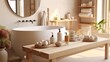 Bathtub and table with cosmetic products in beige bathroom Shower project, modern design, trend 2023