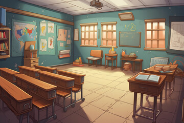 Poster - Generative AI Vector cartoon background with empty school classroom, interior inside. Education concept illustration, college or university training room with furniture, chalkboard, table, projector, 