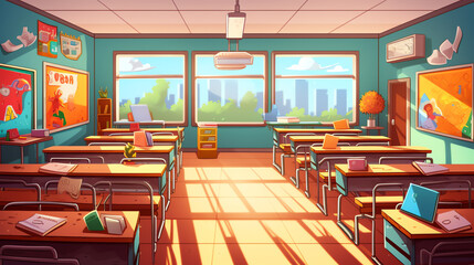 Aufkleber - Generative AI Geometry classroom interior, school class room with teacher table, student desks, blackboard with geometrical tasks and rulers, cupboard with textbooks, studying posters, Cartoon vector 