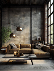 Poster - Generative AI Living room interior in loft, industrial style, 3d render