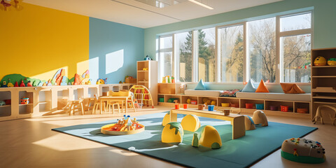 Fototapete - Generative AI classroom of a daycare center without children and teacher