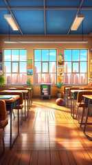 Aufkleber - Generative AI Empty school classroom in cartoon style. Education concept without students. 3d rendering interior illustration. Back to school design template. Classroom in quarantine on coronavirus CO