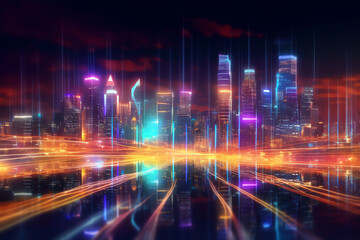 Aufkleber - Generative AI 3D Rendering of warp speed in hyper loop with blur light from buildings' lights in mega city at night. Concept of next generation technology, fin tech, big data, 5g fast network, machine