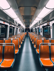 Poster - Generative AI Interior design of a modern bus. Empty bus interior. Public transport in the city. Passenger transportation. Bus with blue seats and yellow handrails.