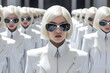 Beautiful futuristic blond model, serious faces, a army of clones stays in rows behind the central person, monochromatic and hyper - realistic photography, white color is dominated