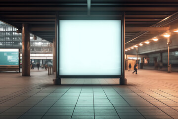 Poster - Generative AI Blank vertical advertising poster banner mockup at empty bus stop shelter by main road, blur background. Out-of-home OOH vertical billboard media display space under expressway highway