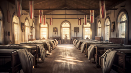Aufkleber - Generative AI Rows of church benches at the old european catholic church.