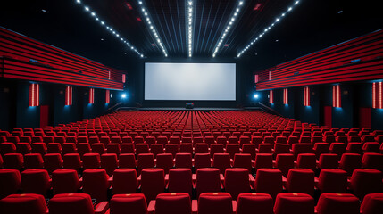 Aufkleber - Generative AI Interior of empty dark cinema with rows of red seats with cup holders and popcorn. Concept of entertainment. 3d rendering toned image