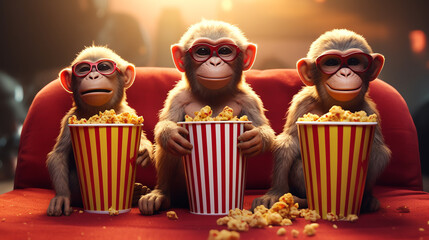 Poster - Generative AI Three red cinema chairs with fizzy drink and box of popcorn over white background. Concept of entertainment. 3d rendering