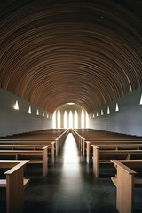 Wall Mural - Generative AI Empty wooden church pews, no people.