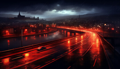 Poster - Generative AI Empty asphalt road under the bridge during the night with beautiful city skyline background .
