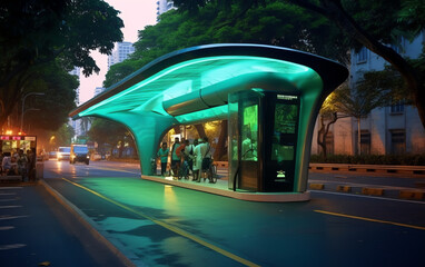 Poster - Generative AI Jakarta, 11 June 2023 - Empty bus stop in the Jakarta, Small shelters for public transportation, halte, bus station