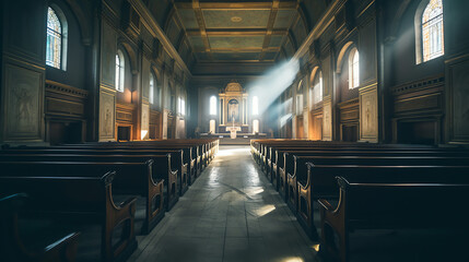 Aufkleber - Generative AI Rows of church benches at the old european catholic church.