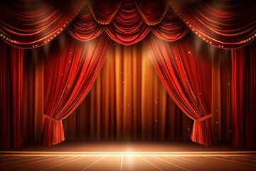 Poster - Generative AI Theater stage with red curtains and spotlights. Vector cartoon illustration of theatre interior with empty wooden scene, luxury velvet drapes and decoration with clouds and bushes