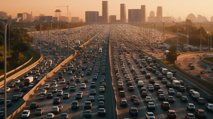 Generative AI Aerial view of empty highway interchange in Dubai downtown after epidemic lockdown. Cityscapes with disappearing traffic on a bridge and streets. Roads and lanes crossroads without cars,