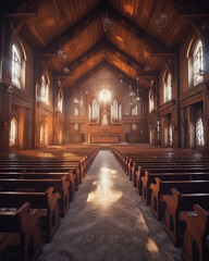 Aufkleber - Generative AI Rows of church benches at the old european catholic church.