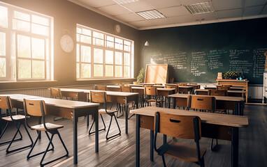 Aufkleber - Generative AI Empty classroom with wooden desks, chalk board and big windows in school.
